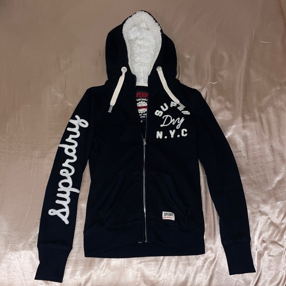 Navy Superdry Sherpa Hooded Zip-Up Jacket